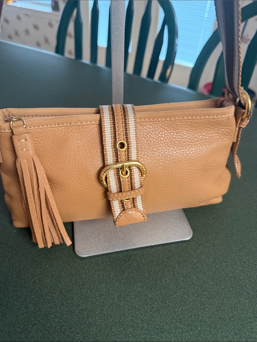 The Sak Tan Leather Shoulder Bag with Striped Strap and Tassel EUC